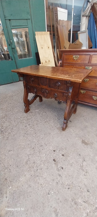 ROUGH HEWN? 2 DRAWER CONSOLE WITH FLEUR DE LIS