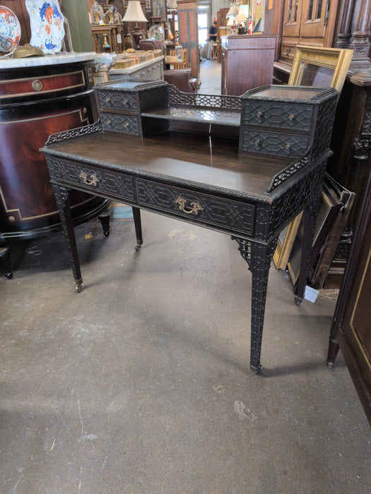 CHINESE CHIPPENDALE ORNATELY CARVED MAHOGANY DESK WITH UPPER DRAWERS AND GALLERY