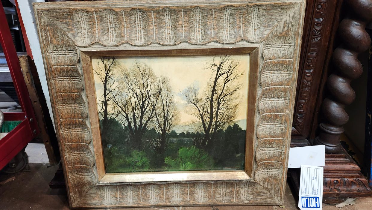 FRAMED LANDSCAPE OIL PAINTING OF LEAFLESS TREES