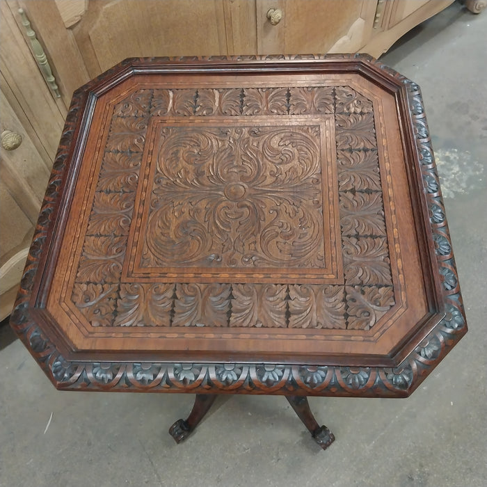 ENGLISH TILT TOP TABLE WITH CARVED AND INLAID TOP- AS FOUND