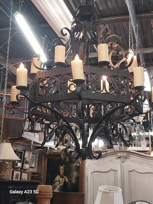 HUGE 2 TIER BLACK IRON CHANDELIER WITH WAX CANDLE COVERS