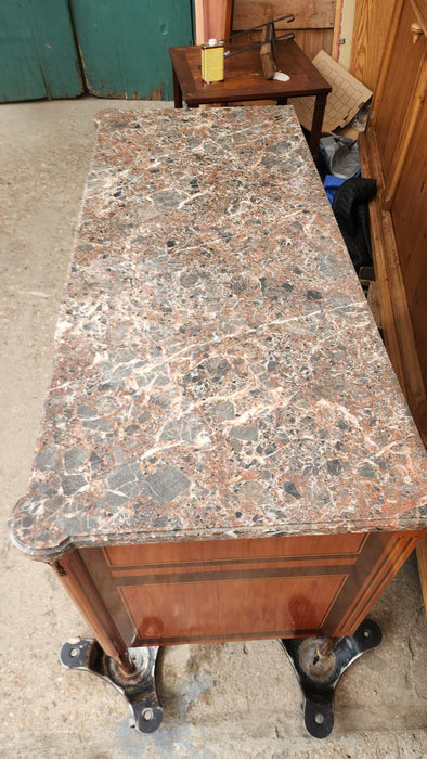 LOUIS XVI PUDDY MARBLE TOP WIDE CHEST WITH DRAWERS WITH BANDING AND PULLOUT DESK