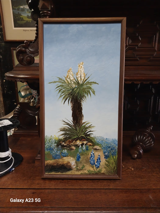 FRAMED OIL PAINTING OF A YUCCA AND BLUE BONNETS SIGNED DORIS