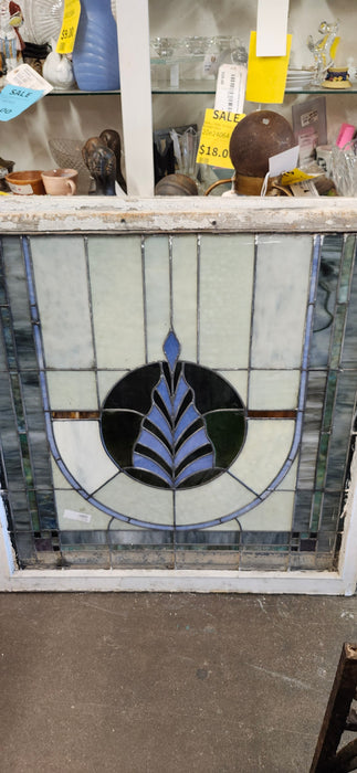 LARGE AMERICAN STAINED GLASS BLUE LEAF WINDOW