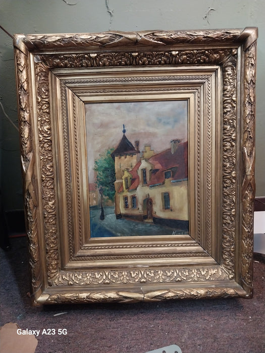 HEAVY GILT FRAMED STREET CORNER OIL PAINTING