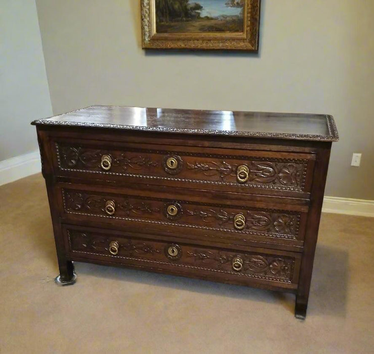 LARGE FRENCH CARVED DARK OAK 3 DRAWER CHEST