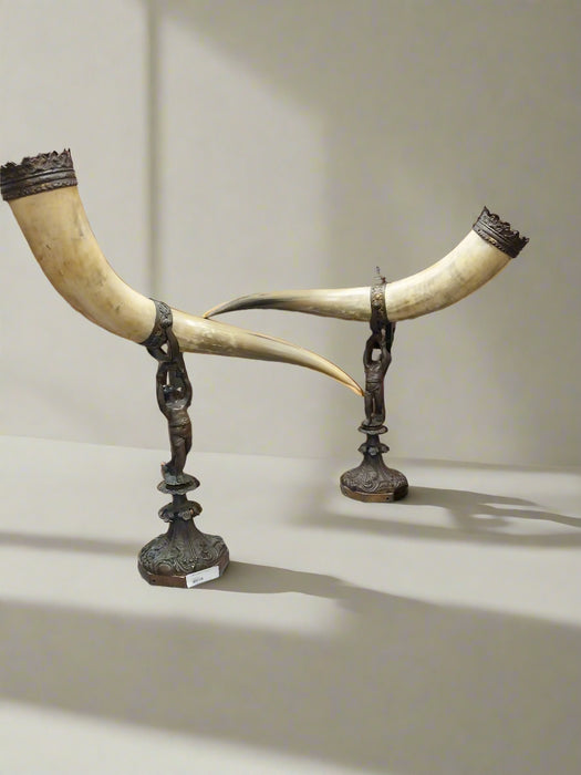 LARGE PAIR OF HORNS ON BRONZE MOUNTS