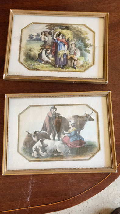 PAIR OF SMALL FRAMED BUCOLIC SCENES 19TH CENTURY COLORED ENGRAVINGS