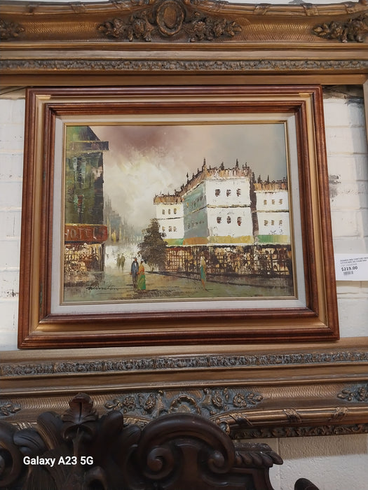FRAMED MID CENTURY MODERN CITYSCAPE OIL PAINTING