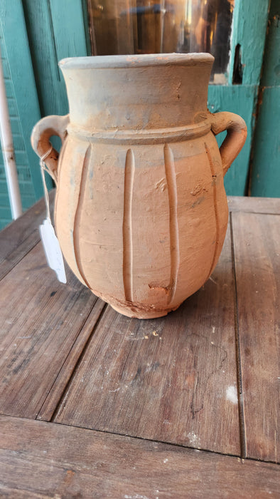 SMALL RIBBED TERRA COTTA VASE WITH HANDLES