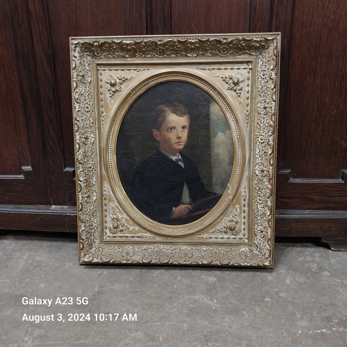 GILT FRAMED OIL PAINTING OF A BOY-RELINED CANVAS