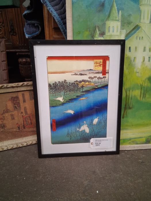 PRINT OF AN ASIAN VILLAGE WITH CRANES