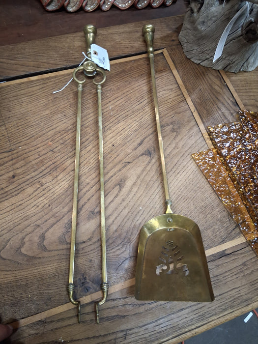 BRASS FIRE SHOVLE AND TONGS