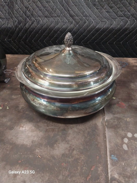 SILVER PLATE  ROUND COVERED CASSEROLE WITH GLASS DISH