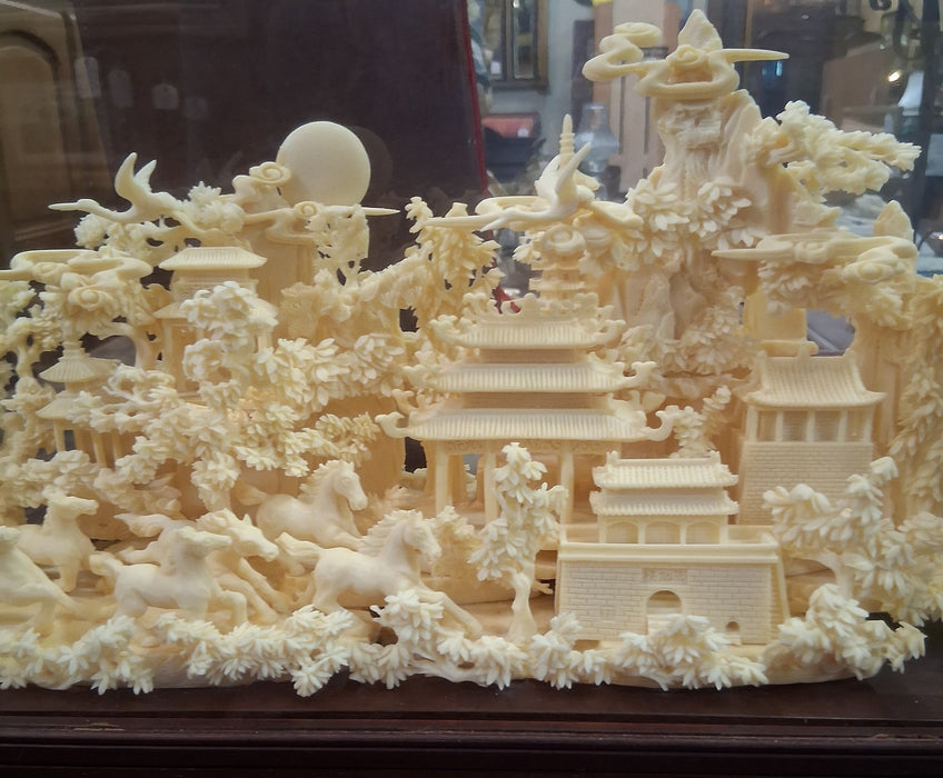 CHINESE CARVED RESIN PALACE IN DISPLAY CASE