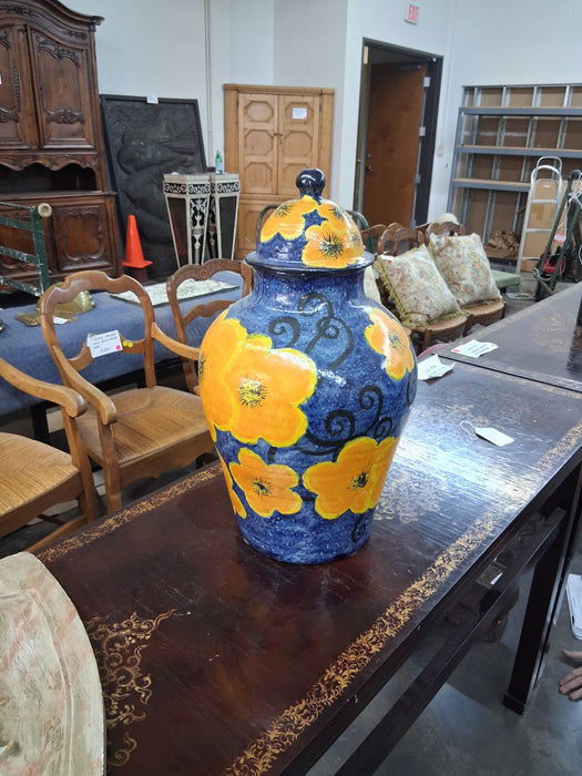 HAND PAINTED ORANGE AND BLUE URN WITH LID