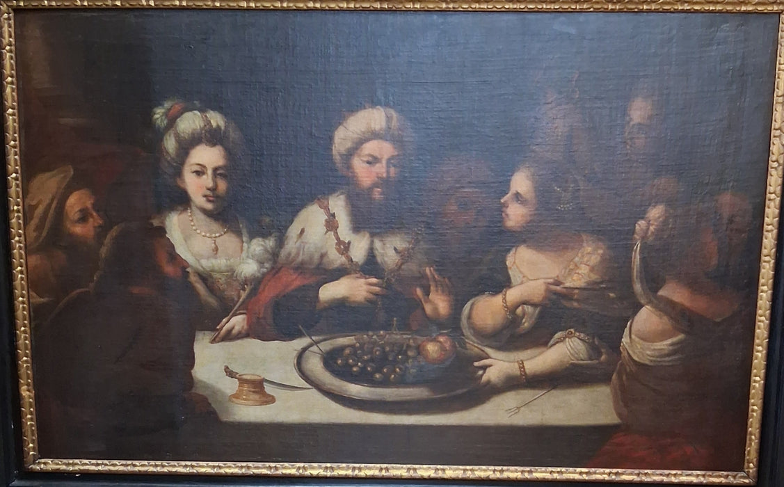 FRAMED 17TH CENTURY OIL PAINTING OF A FEAST-RELINED