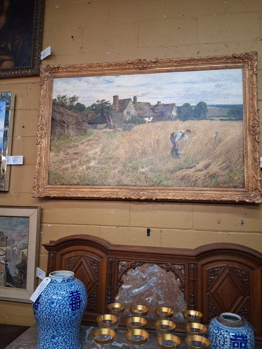 LARGE GILT FRAMED WHEAT HARVESTER OIL PAINTING SIGNED JOHN CHATAEU CLAYTON ADAMS