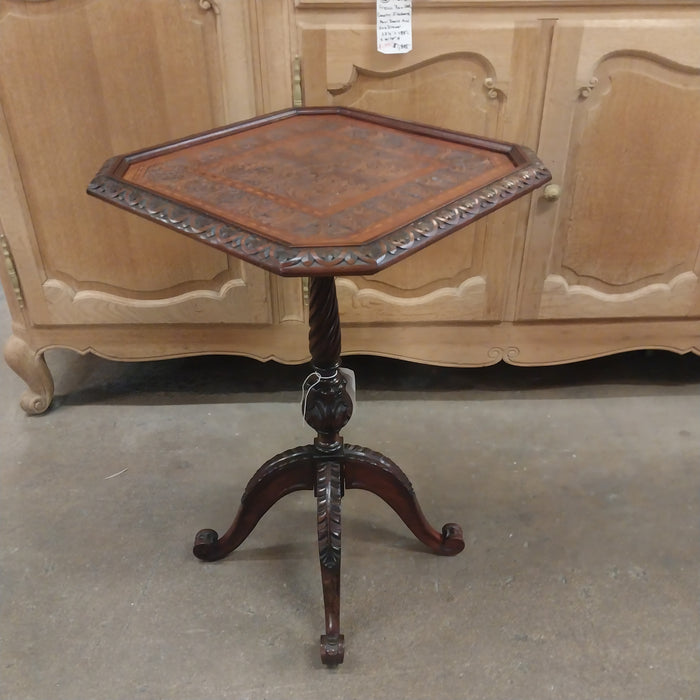 ENGLISH TILT TOP TABLE WITH CARVED AND INLAID TOP- AS FOUND