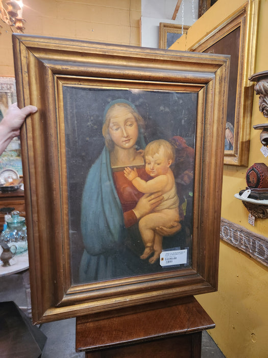LARGE ITALIAN OIL PAINTING ON BOARD OF MADONNA & CHILD