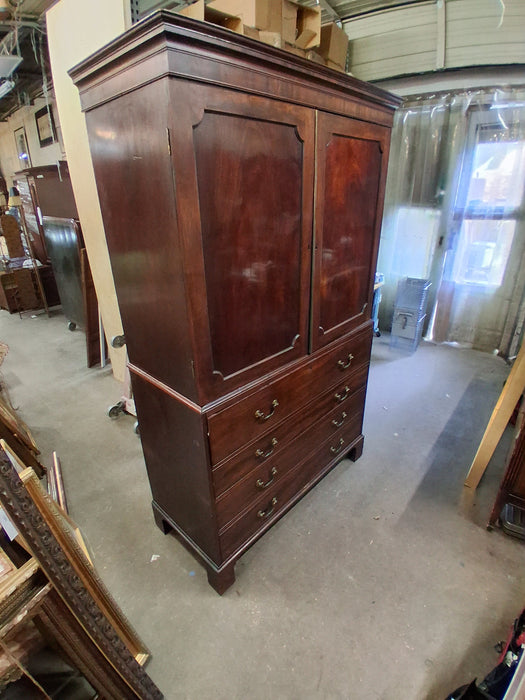 LARGE ENGLISH MAHOGANY LINEN PRESS ON CHEST WITH PULL OUT DESK