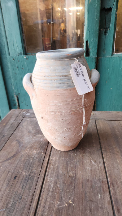 RIBBED CLAY JAR WITH TWO HANDLES