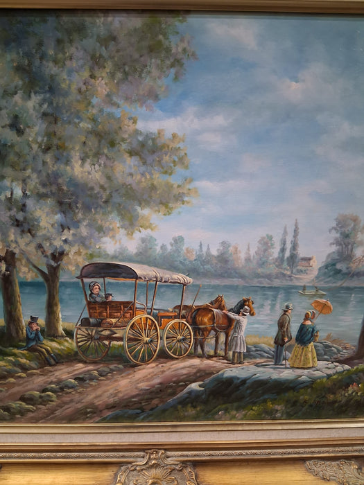 GILT FRAMED LANDSCAPE OIL PAINTING OF A HORSE DRAWN WAGON