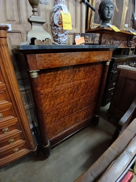 FRENCH EMPIRE  MARBLE TOP BURLED MAHOGANY CHEST AS FOUND