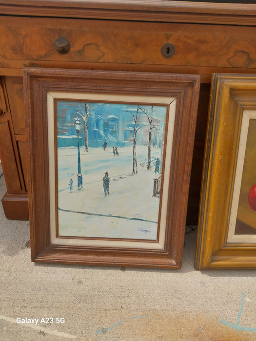 FRAMED WINTER URBANSCAPE OIL PAINTING