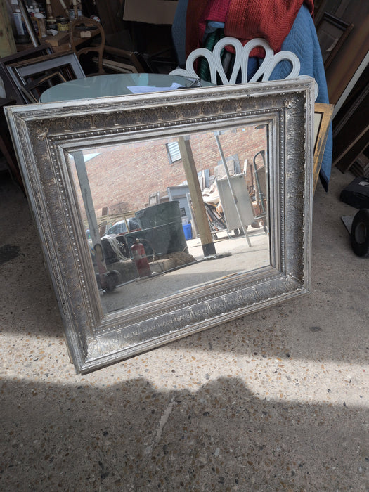 CARVED WOOD SILVER GILT BEVELED MIRROR