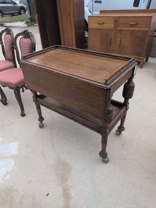 OAK TEA CART WITH BULBOUS CARVED LEG 2 TIER