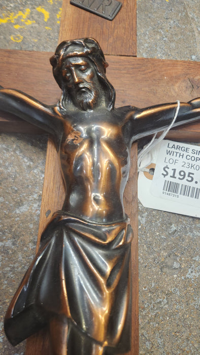 LARGE SIMPLE OAK CRUCIFIX WITH COPPER COLOR CORPUS