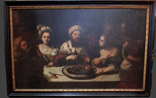 Vintage painting of a group of people around a table with a dark background