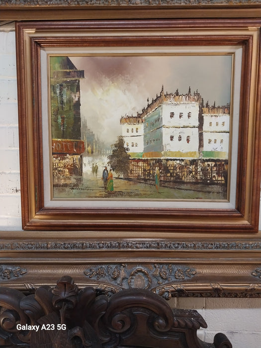 FRAMED MID CENTURY MODERN CITYSCAPE OIL PAINTING