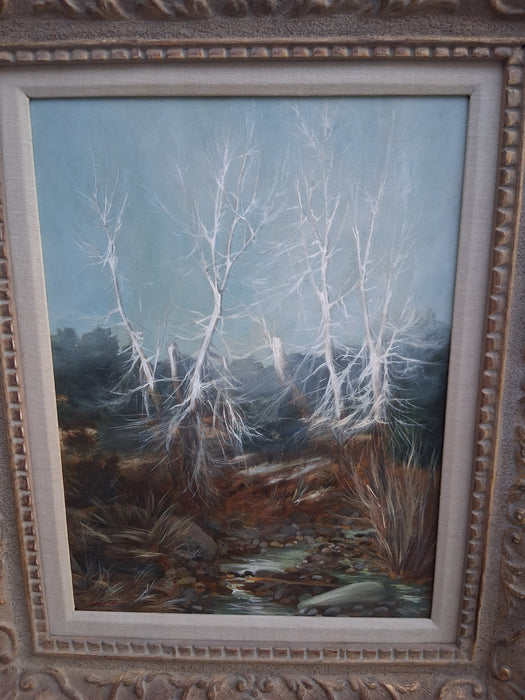 SMALL GILT FRAMED OIL PAINTING OF BARREN TREES SIGNED JACKSON HENSLEY