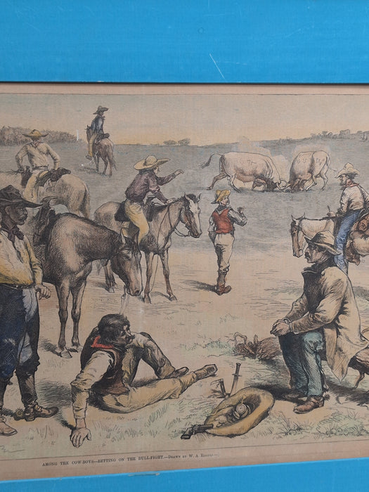 FRAMED PRINT OF COWBOYS AND FIGHTING BULLS