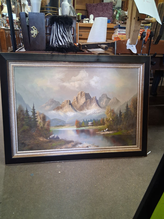 LARGE FRAMED OIL PAINTING OF MOUNTAIN LANDSCAPE