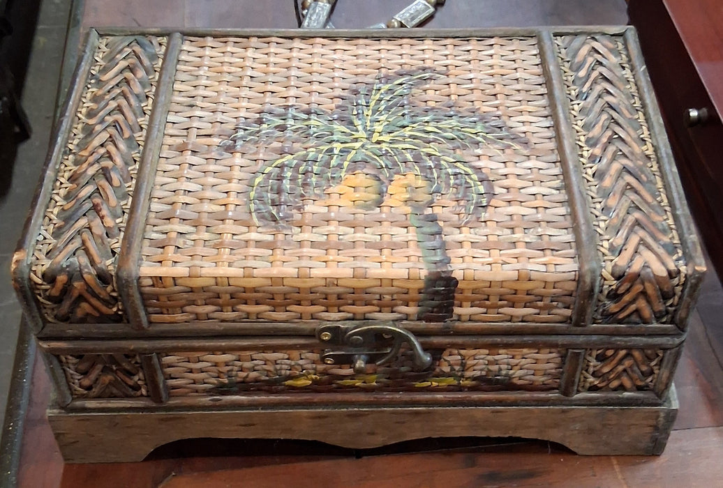 CANE COVERED WOOD BOX WITH PALM TREE