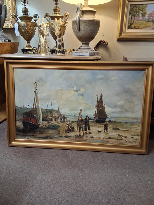FRAMED SEASCAP OIL PAINTING WITH PEOPLE AND BOATS