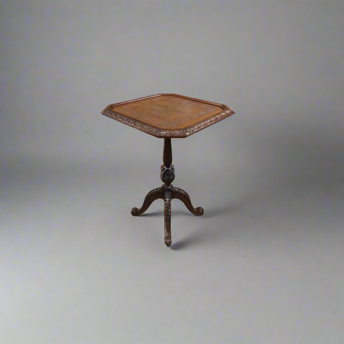 ENGLISH TILT TOP TABLE WITH CARVED AND INLAID TOP- AS FOUND