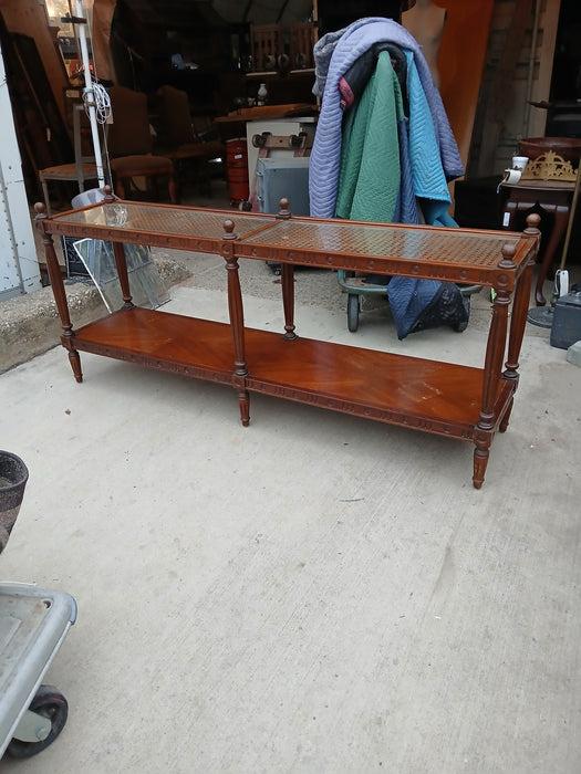 MID CENTURY CANED AND GLASS TOP CONSOLE/SOFA TABLE