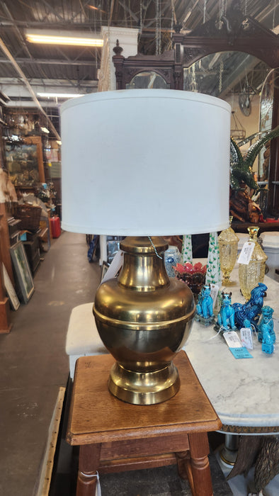 BRASS BULBOUS BASE LAMP WITH SHADE