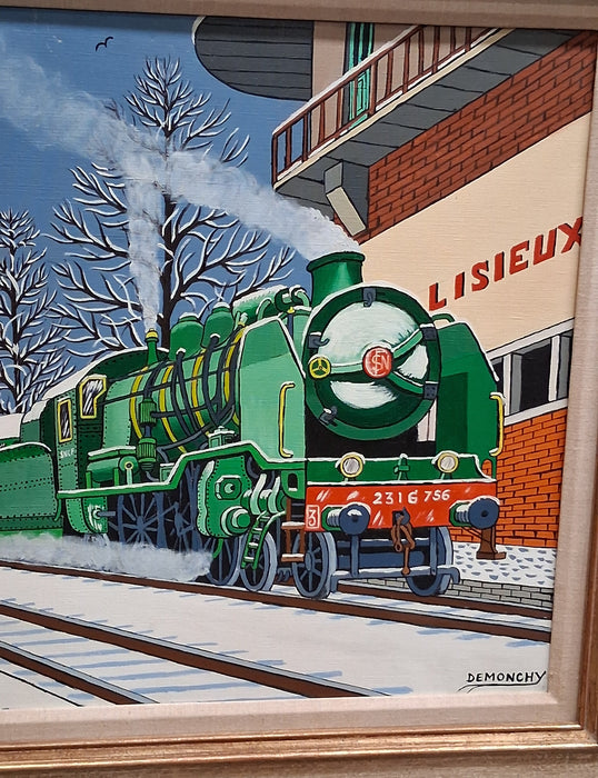 COLORFUL GRREN TRAIN PAINTING SIGNED ANDRE DEMONCHY