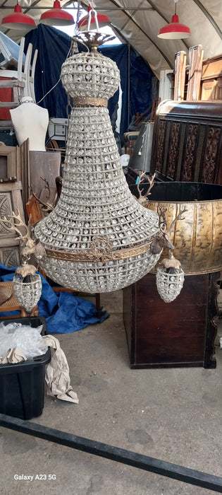 LARGE  CRYSTAL CHANDELIER WITH STAG HEADS