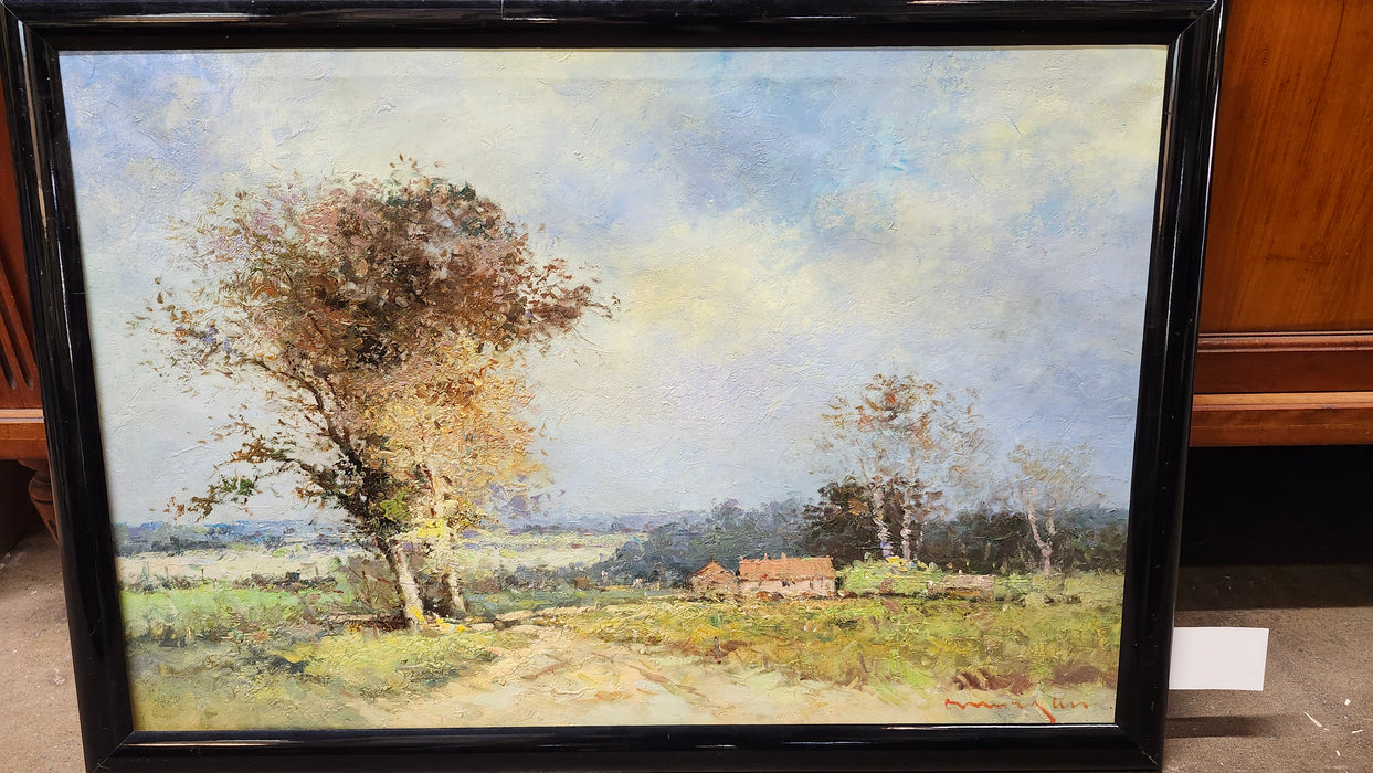 LARGE BLACK FRAMED OIL PAINTING OF A TREE AND RAMSHACKLE HOUSE