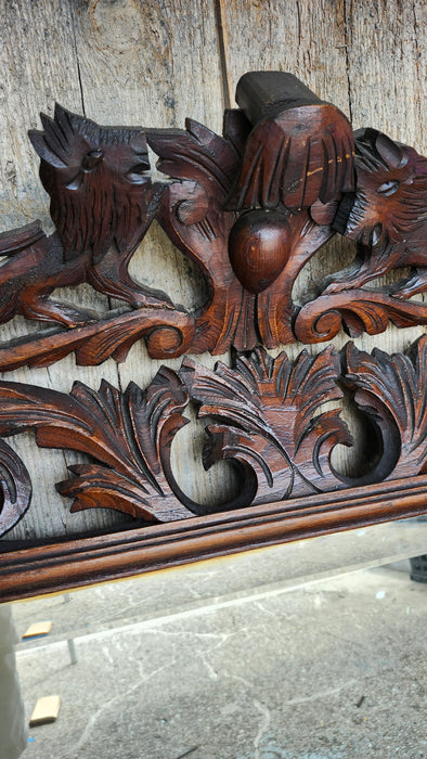 SPANISH CARVED OAK WALL MIRROR WITH LION CARVED CREST