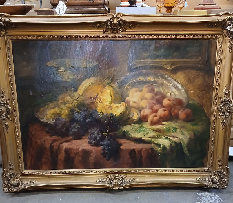 LARGE FRAMED STILL LIFE OIL PAINTING OF FRUIT BY F, MONTEHANANS-AS FOUND