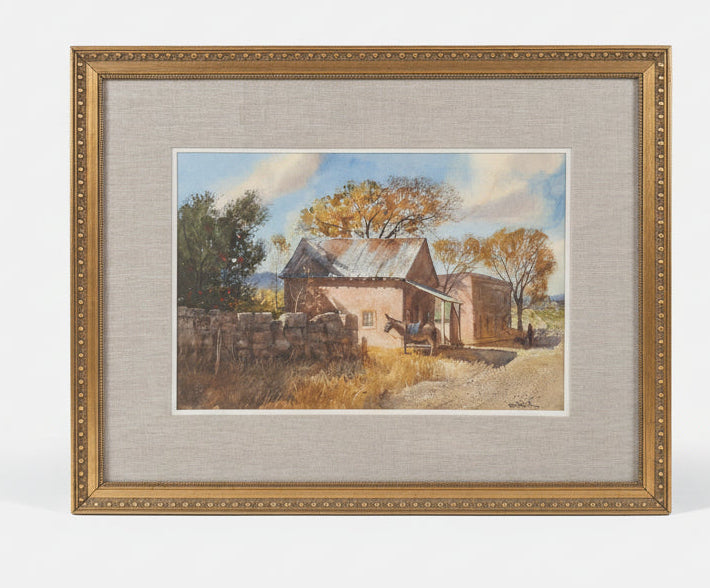 FRAMED WATER COLOR OF A DONKEY AND BRICK BUILDINGS SIGNE PAUL STRISIK
