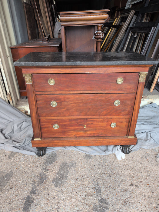 SMALL EMPIRE BLACK MARBLE TOP 3 DRAWER CHEST WITH PAW FEET - AS FOUND