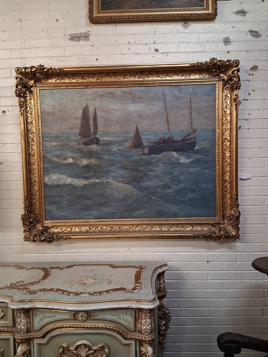 HUGE GILT FRAMED OIL PAINTING OF SAILBOATS AT SEA